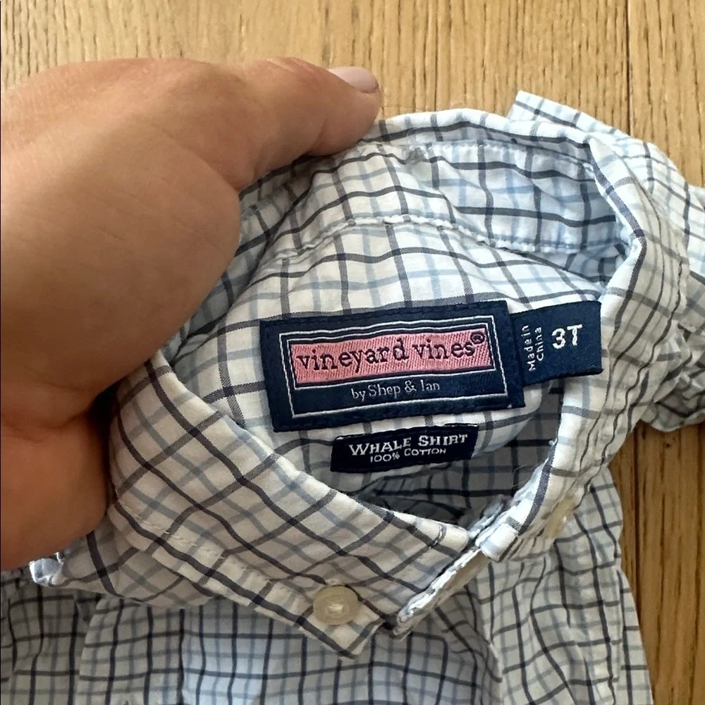 Vineyard vines Blue and White Checkered Button-Up whale Shirt 3T